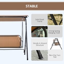 Outsunny 3-Person Porch Swing with Stand, Outdoor Swing for Patio Porch, Brown