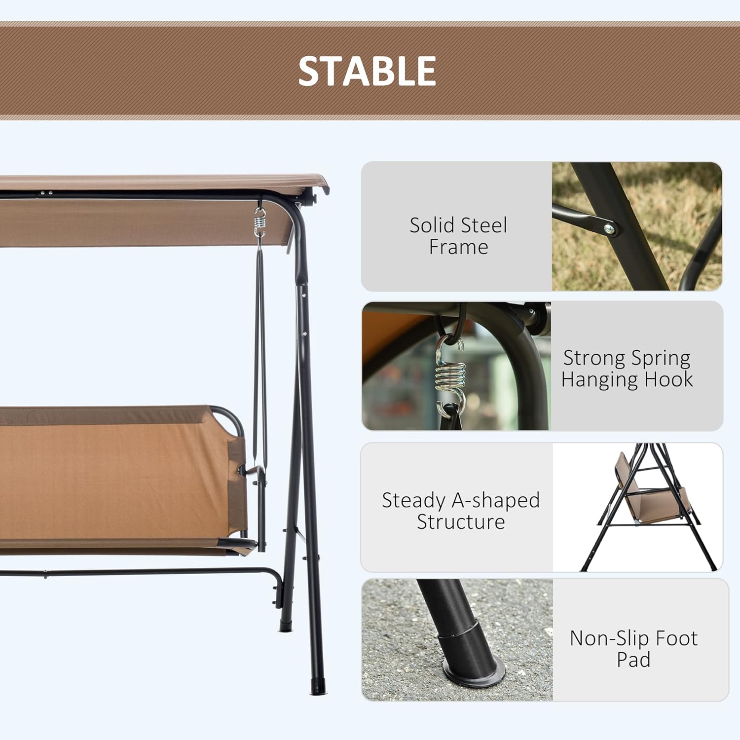 Outsunny 3-Person Porch Swing with Stand, Outdoor Swing for Patio Porch, Brown