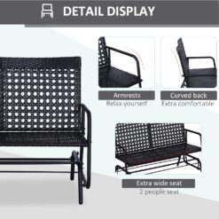 Outsunny Patio 2-Person Wicker Glider Bench Rocking Chair, Outdoor All-Hand Woven PE Rattan Loveseat, Black