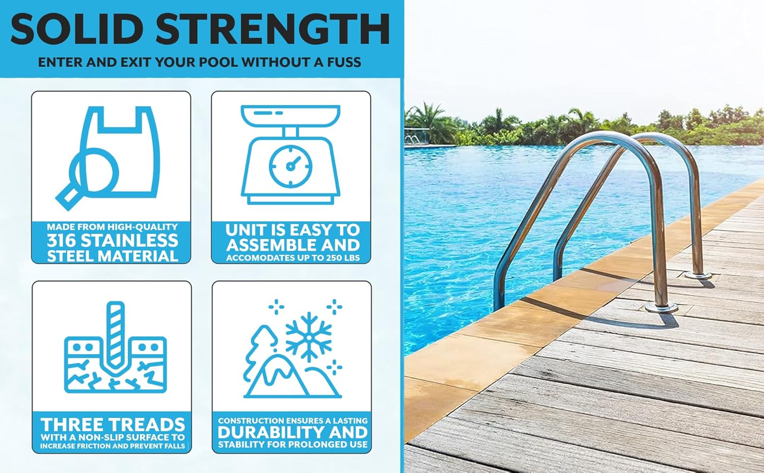 Poolzilla Three Tread Stainless Steel Pool Ladder Entry and Exit System for In-Ground Salt Water Swimming Pools