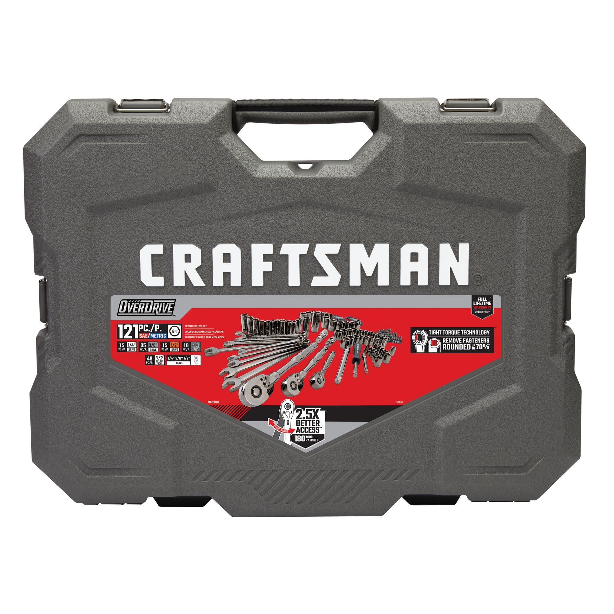 CRAFTSMAN OVERDRIVE 121-Piece Gunmetal Chrome Mechanics Tool Set, Standard SAE/Metric Socket Set, with Hard Case (CMMT99121L)
