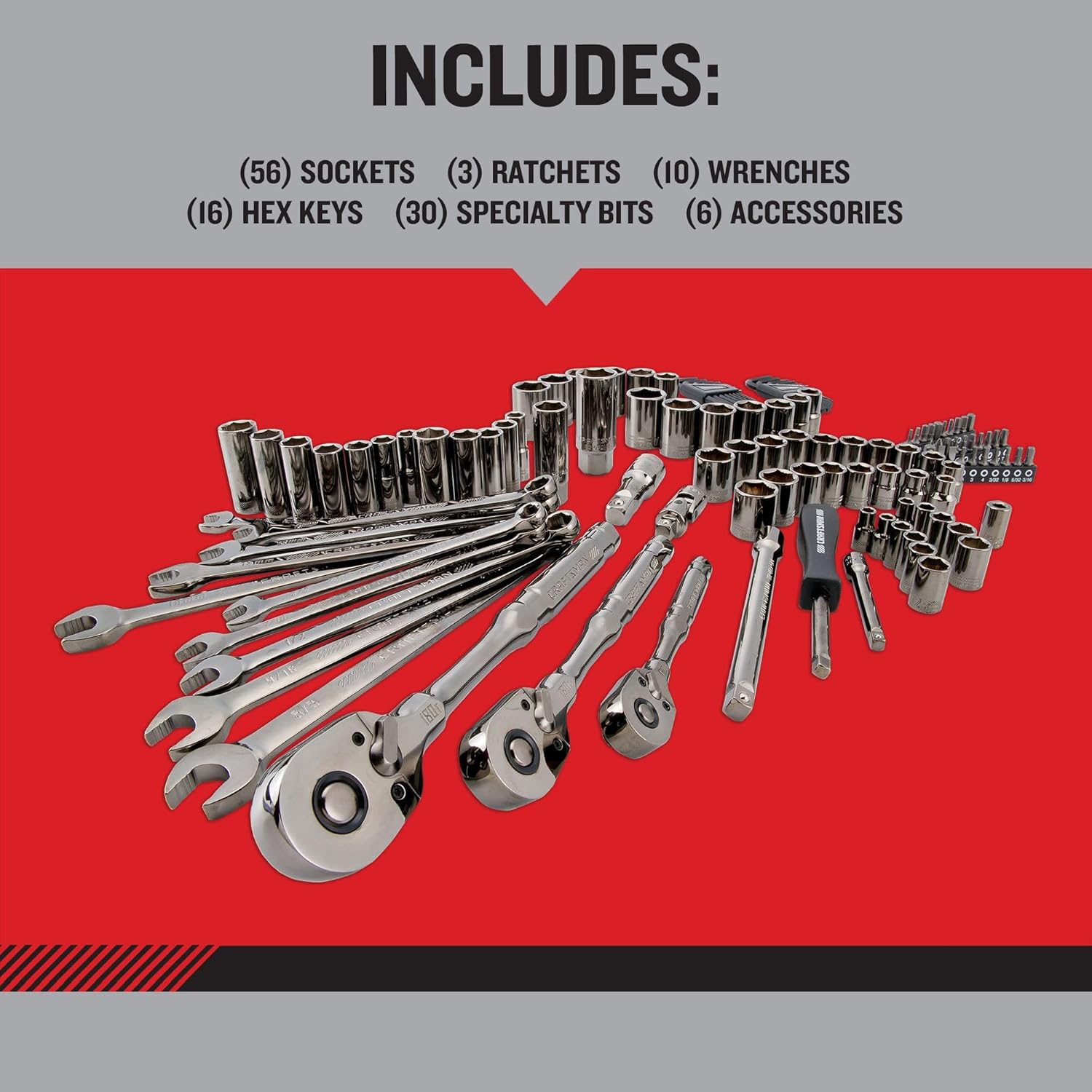 CRAFTSMAN OVERDRIVE 121-Piece Gunmetal Chrome Mechanics Tool Set, Standard SAE/Metric Socket Set, with Hard Case (CMMT99121L)