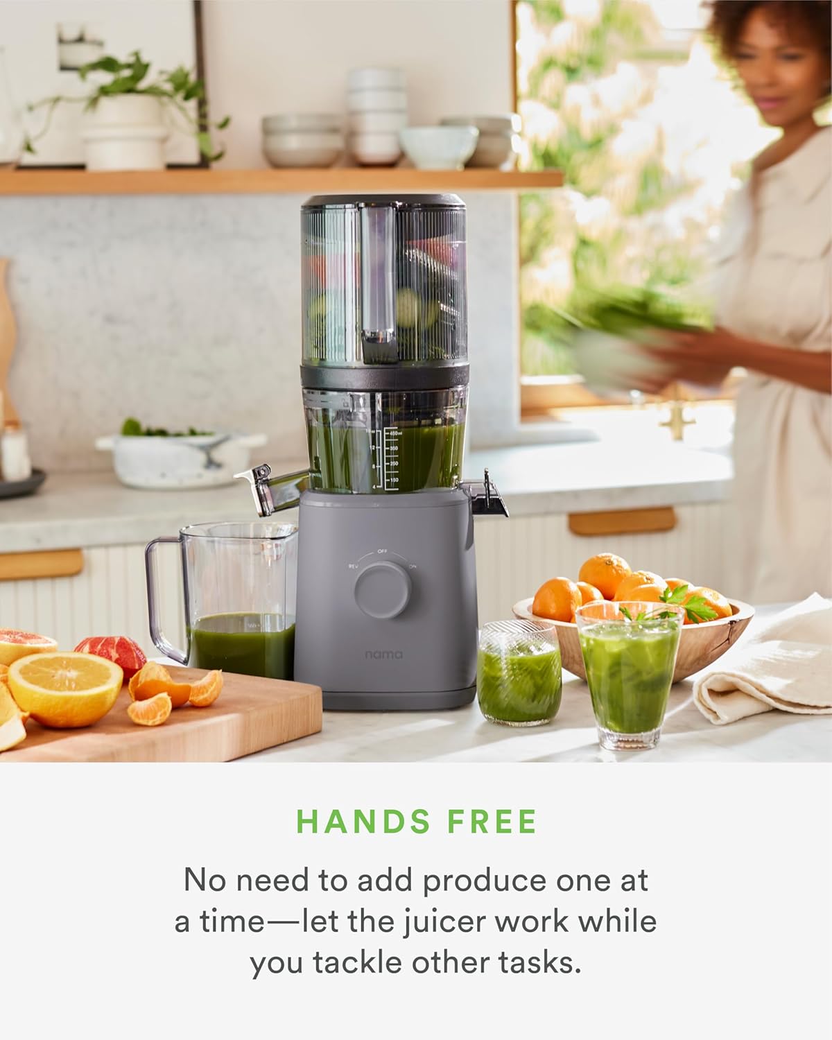 Nama J2 Cold Press Juicer – Self Feeding for Hands-Free Operation with Wide Mouth Hopper – Easy Cleanup & Assembly, Gray