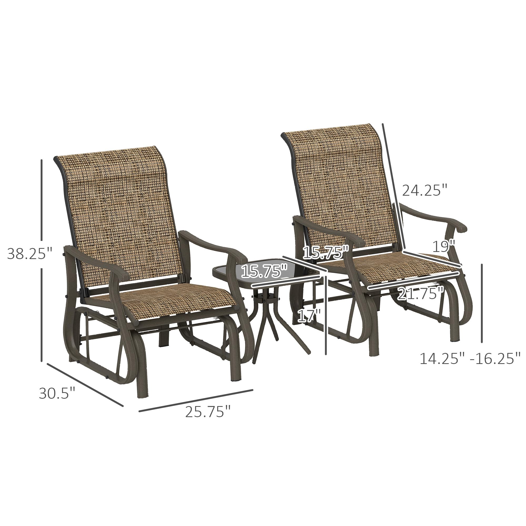 Outsunny 3-Piece Outdoor Gliders Set Bistro Set with Steel Frame, Tempered Glass Top Table for Patio, Light Mixed Brown