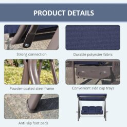 Outsunny 3-Seat Patio Swing Chair, Outdoor Porch Swing Glider with Adjustable Canopy, Removable Cushion, Dark Blue