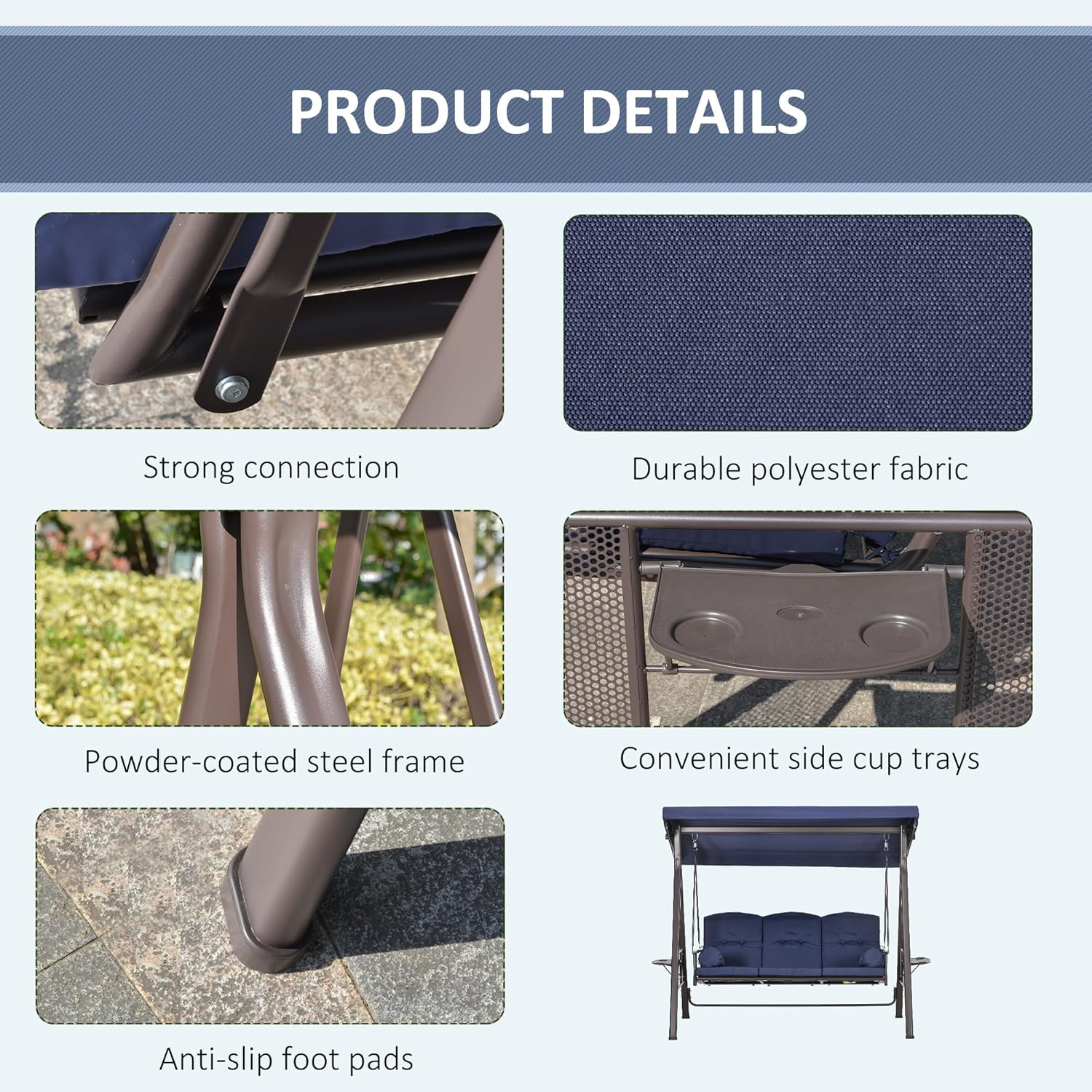 Outsunny 3-Seat Patio Swing Chair, Outdoor Porch Swing Glider with Adjustable Canopy, Removable Cushion, Dark Blue