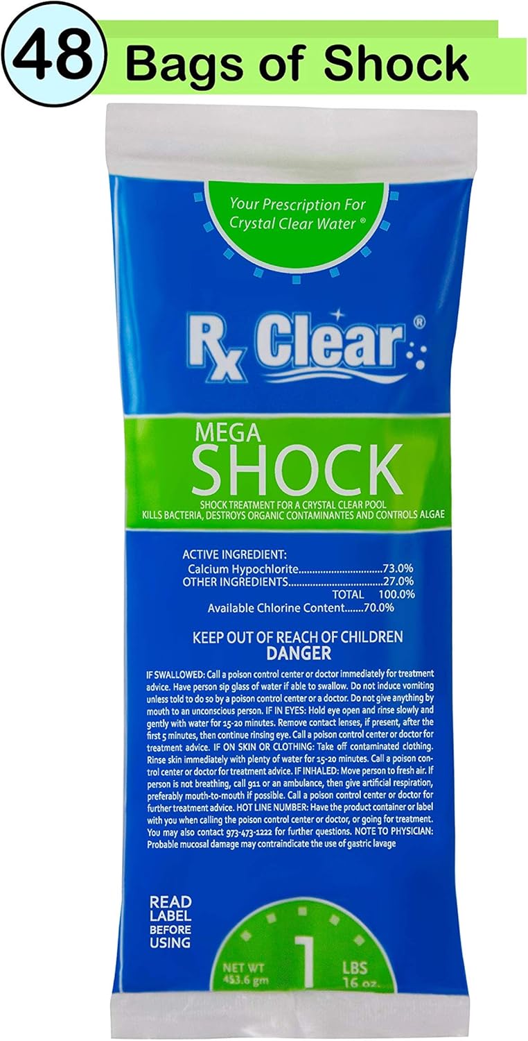 Rx Clear Mega Shock | 73% Calcium Hypochlorite | Kills Algae in Swimming Pools | 48 Pack