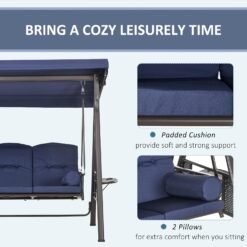 Outsunny 3-Seat Patio Swing Chair, Outdoor Porch Swing Glider with Adjustable Canopy, Removable Cushion, Dark Blue
