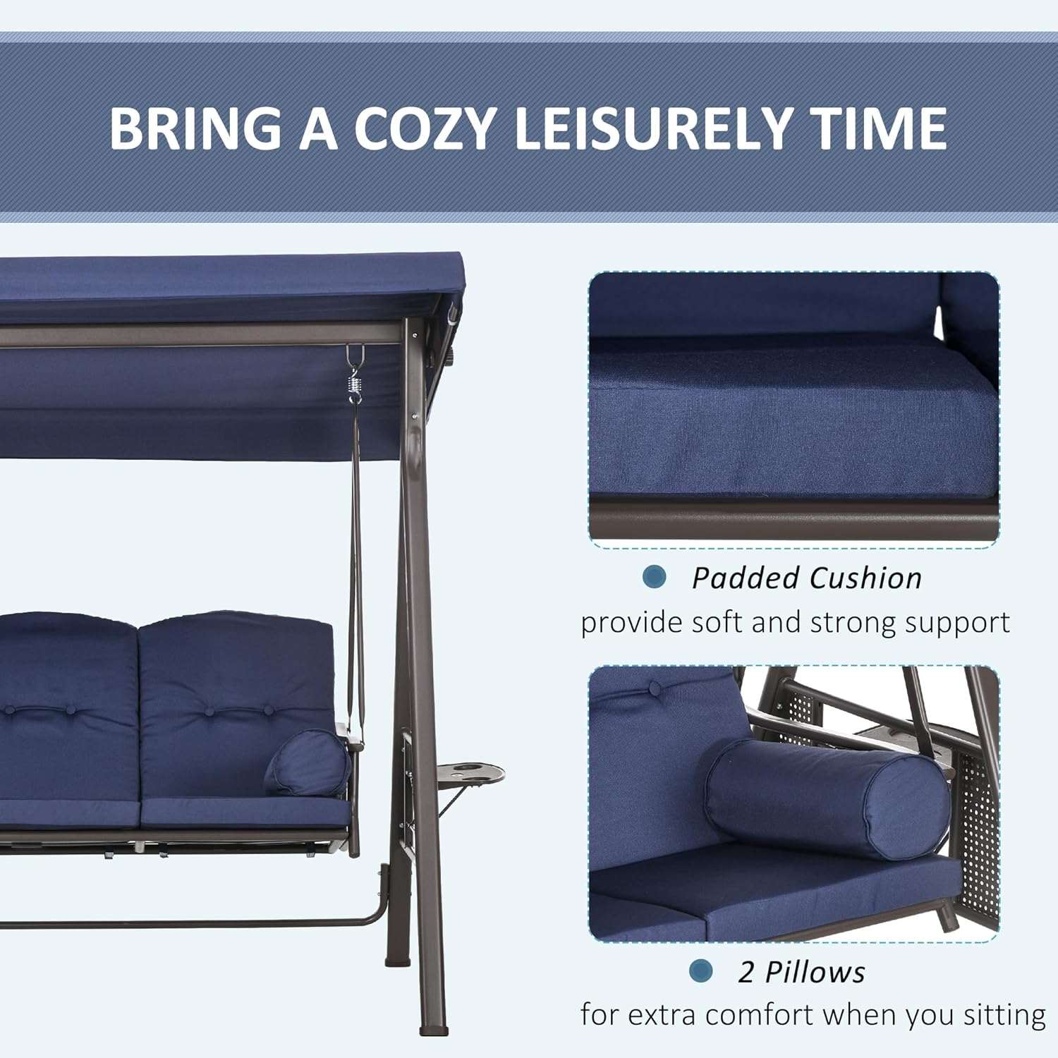 Outsunny 3-Seat Patio Swing Chair, Outdoor Porch Swing Glider with Adjustable Canopy, Removable Cushion, Dark Blue