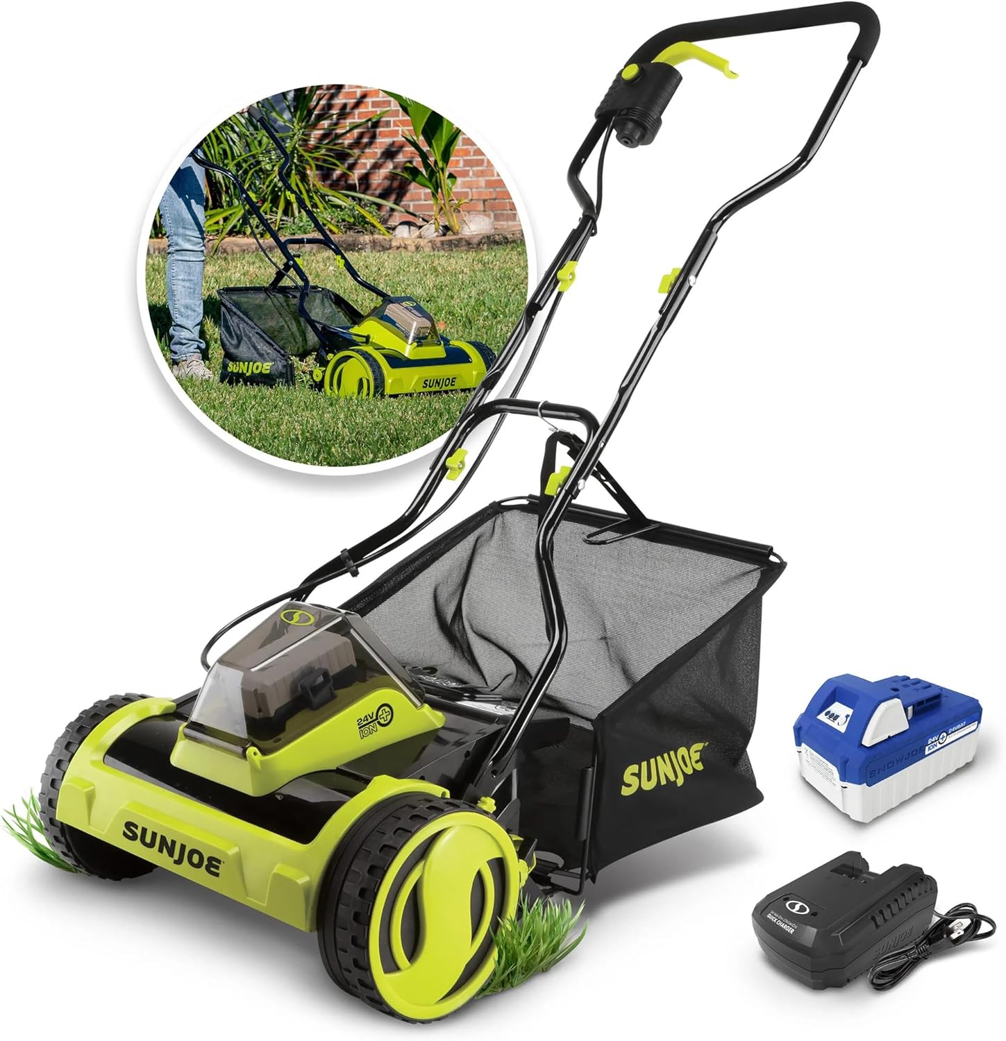 Sun Joe 24V-CRLM15 24-Volt IONMAX Cordless Push Reel Mower W/ Collection Bag | 15-inch | W/ 4.0-Ah Battery + Charger
