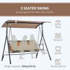 Outsunny 3-Person Porch Swing with Stand, Outdoor Swing for Patio Porch, Brown