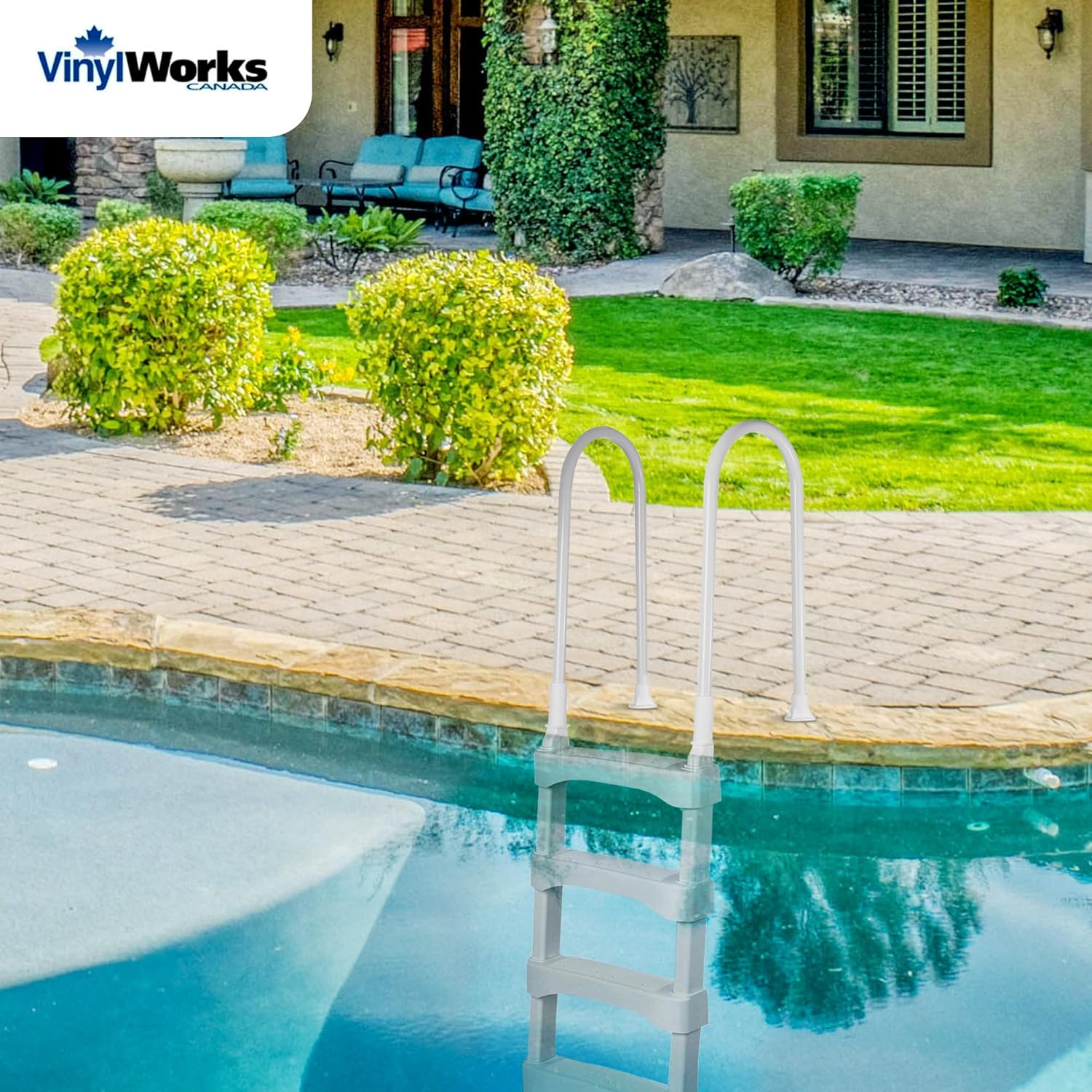 Vinyl Works Snap & Lock Pool Ladder, Plastic Step Ladder for Above Ground or In Ground Swimming Pool, White