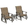 Outsunny 3-Piece Outdoor Gliders Set Bistro Set with Steel Frame, Tempered Glass Top Table for Patio, Light Mixed Brown
