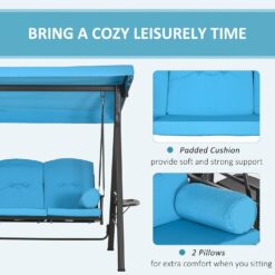 Outsunny 3-Seat Patio Swing Chair, Outdoor Porch Swing Glider with Adjustable Canopy, Removable Cushion, Pillows and Side Trays, Blue