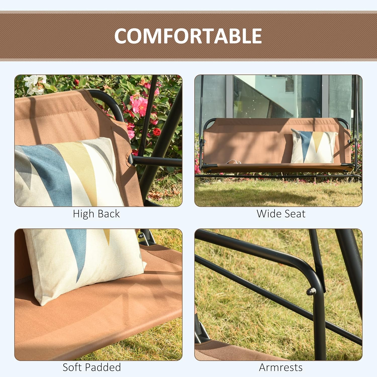 Outsunny 3-Person Porch Swing with Stand, Outdoor Swing for Patio Porch, Brown