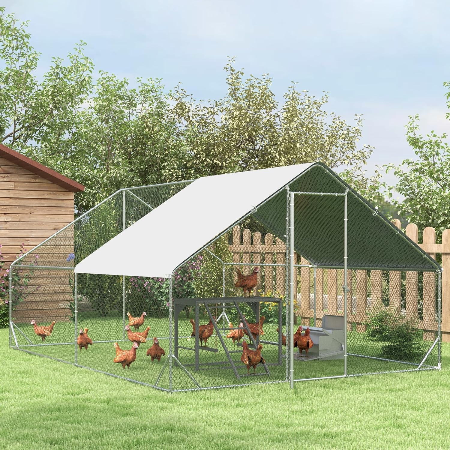 PawHut Chicken Activity Play with Swing Set for 3-4 Birds, Wooden Chicken Coop Accessory with Multiple Chicken Perches & Hen Ladder Gray