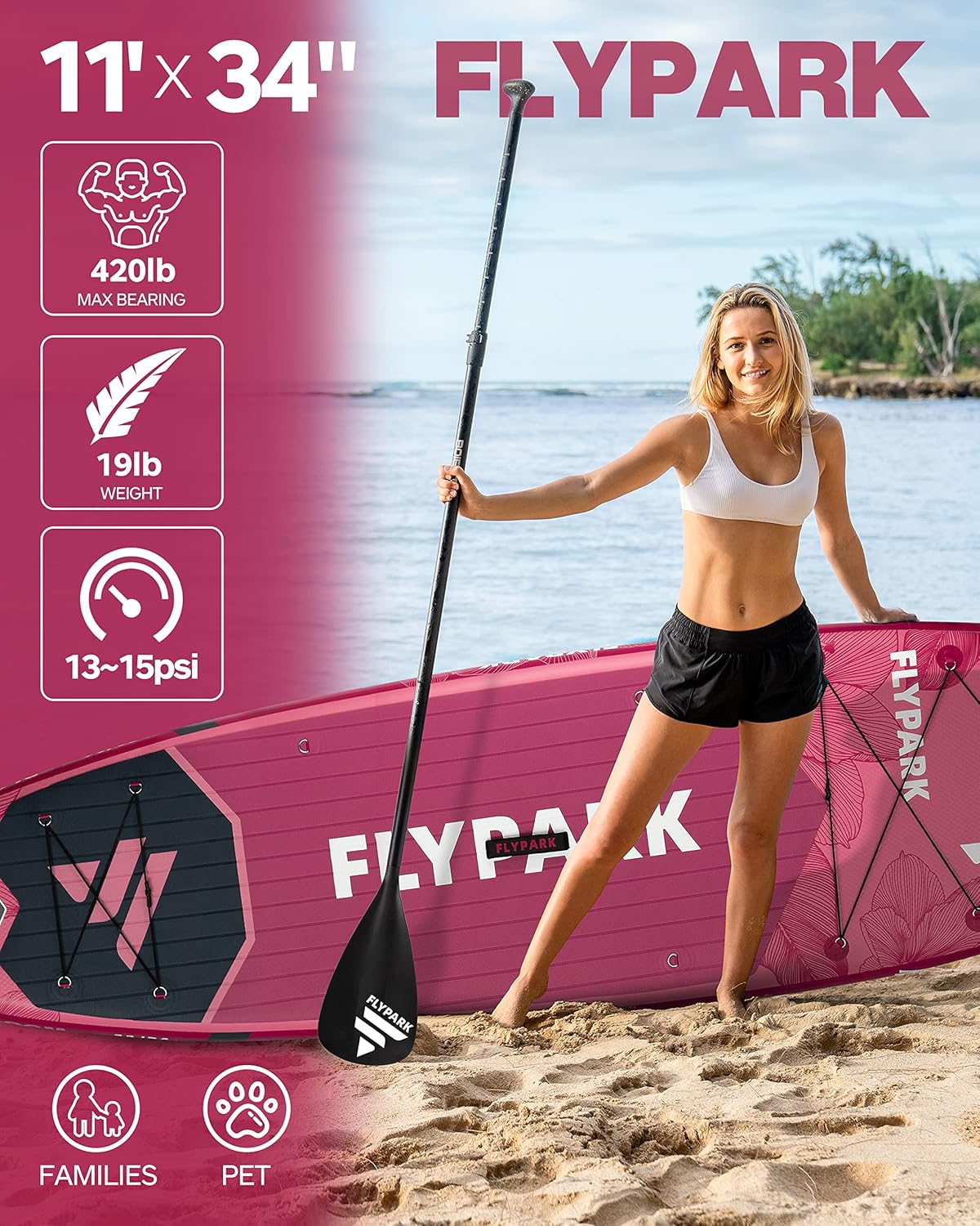 FLYPARK 11'x34 Inflatable Paddle Boards, Extra Wide SUP for 420lbs/3Adults, Yoga Stand Up Paddle Board, 110L Backpack