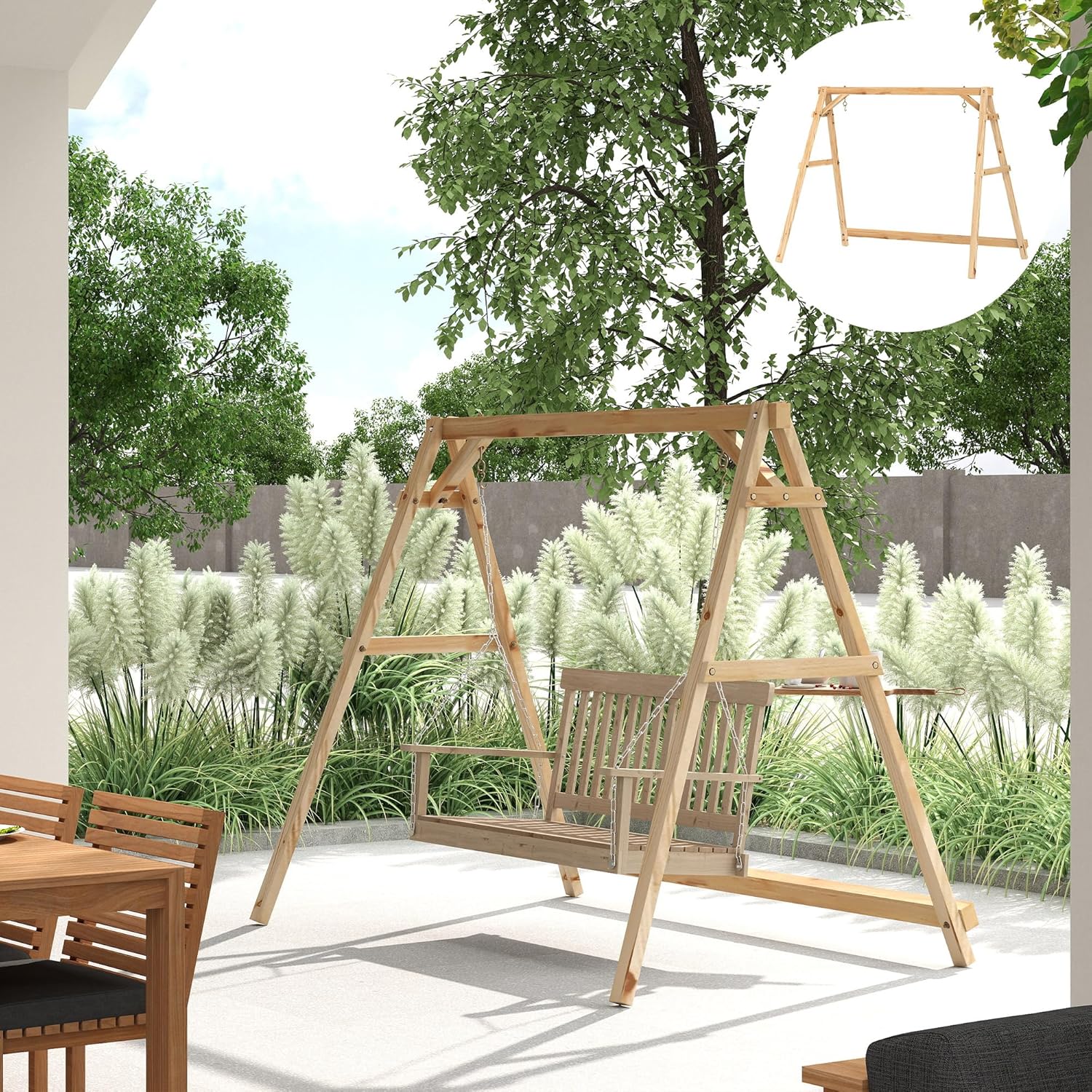 Outsunny 770lbs Porch Swing Frame, Heavy Duty A-Frame Wooden Swing Stand with Reinforced Bars, Freestanding Hanging Chair Stand Only