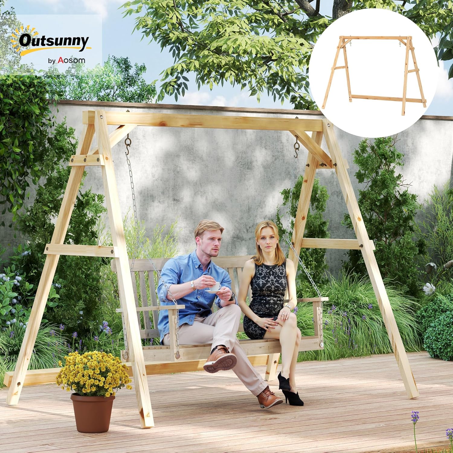 Outsunny 770lbs Porch Swing Frame, Heavy Duty A-Frame Wooden Swing Stand with Reinforced Bars, Freestanding Hanging Chair Stand Only