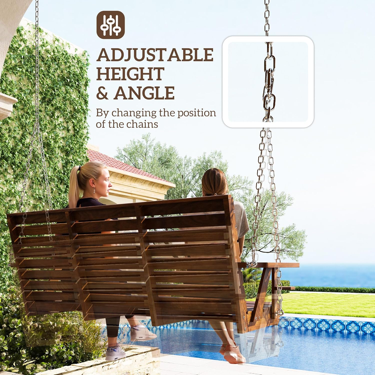 Outsunny Upgraded Wooden Porch Swing 3-Seater, 5 FT Outdoor Patio Swing Bench with Cupholders, Hanging Chains, Carbonized