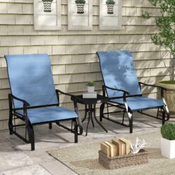 Outsunny 3-Piece Outdoor Gliders Set Bistro Set with Steel Frame, Tempered Glass Top Table for Patio, Garden, Backyard, Lawn, Light Blue