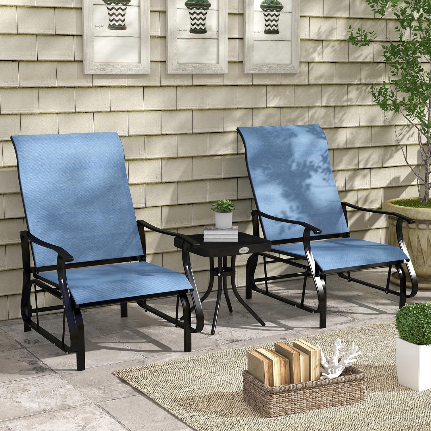 Outsunny 3-Piece Outdoor Gliders Set Bistro Set with Steel Frame, Tempered Glass Top Table for Patio, Garden, Backyard, Lawn, Light Blue