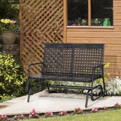 Outsunny Patio 2-Person Wicker Glider Bench Rocking Chair, Outdoor All-Hand Woven PE Rattan Loveseat, Black