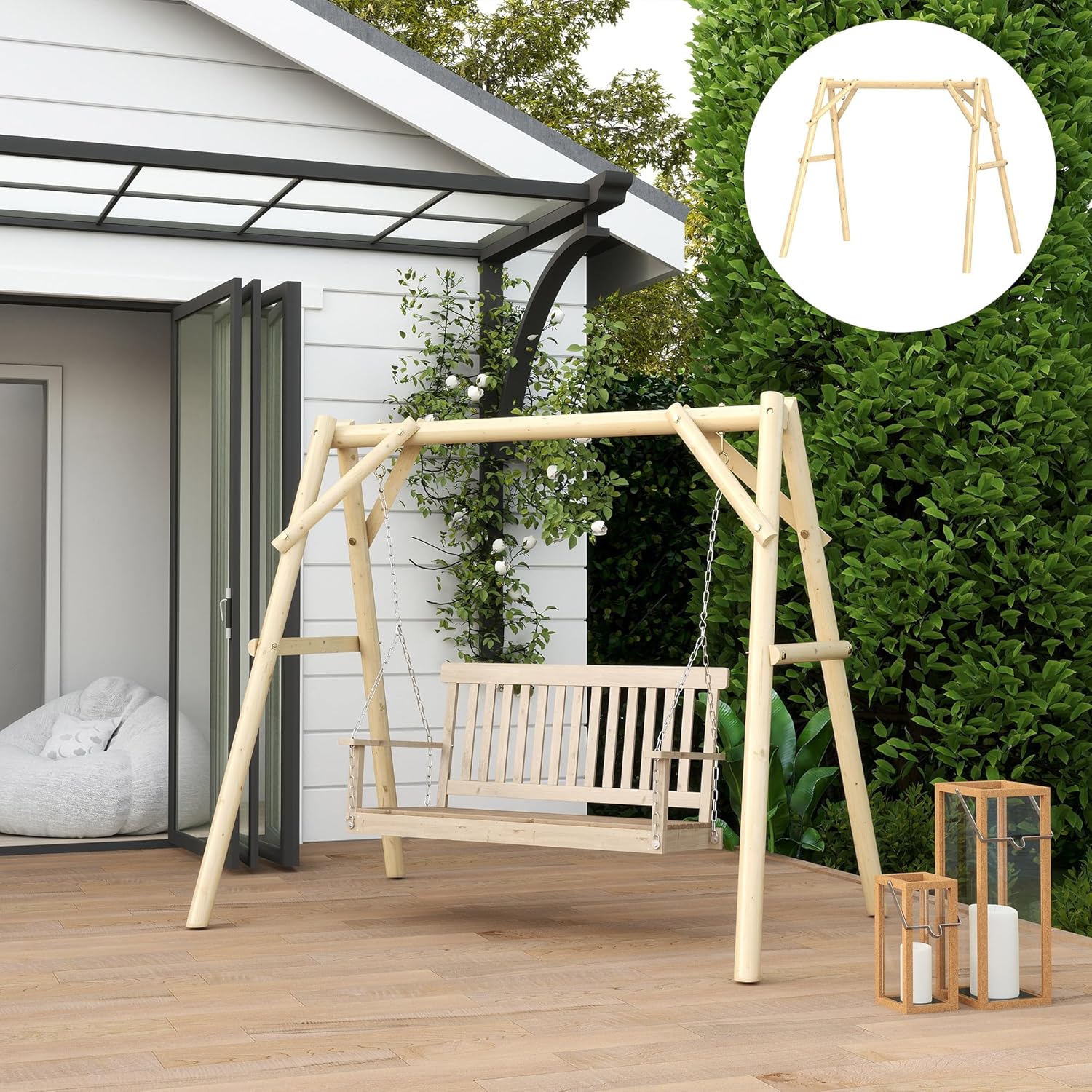 Outsunny 660 lbs Porch Swing Frame, Heavy Duty A-Frame Wooden Swing Stand for DIY Painting, Freestanding Hanging Chair Stand Only