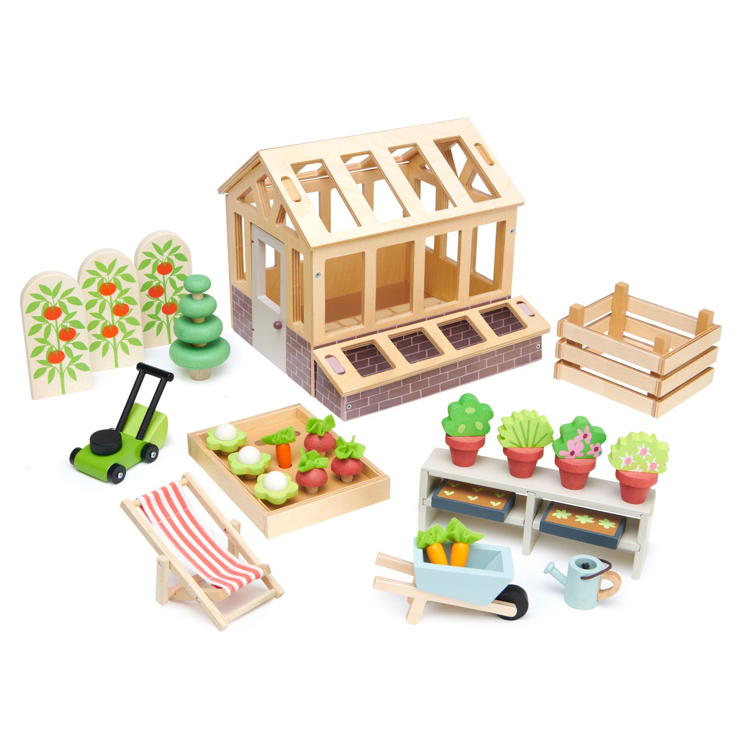 Tender Leaf Toys - Greenhouse Garden Set - 28 Pcs Natural Gardening Miniature Pretend Play Set, Wooden Harvest Farm Toys