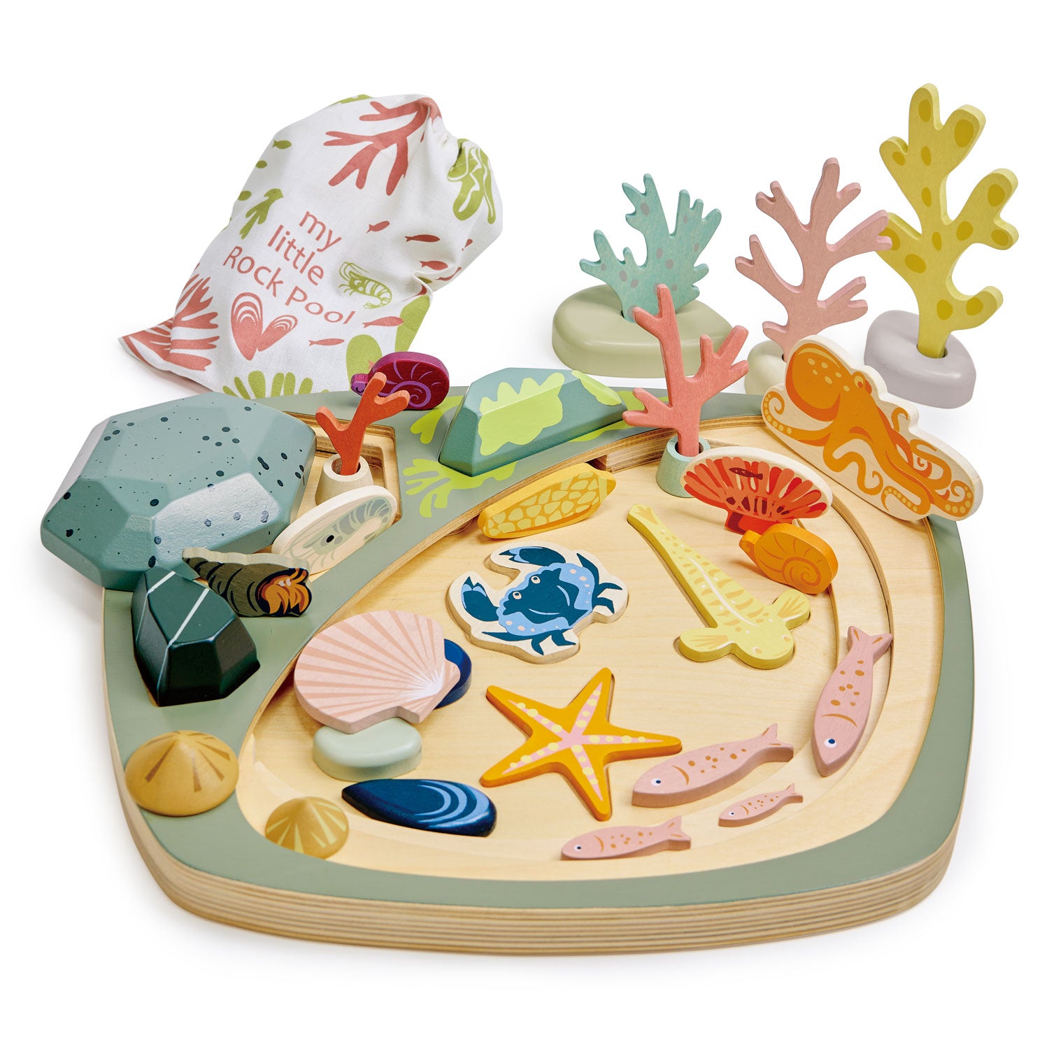 Tender Leaf Toys - My Little Rock Pool - 35 Piece Wooden Sea Life Set with Illustrated Drawstring Bag