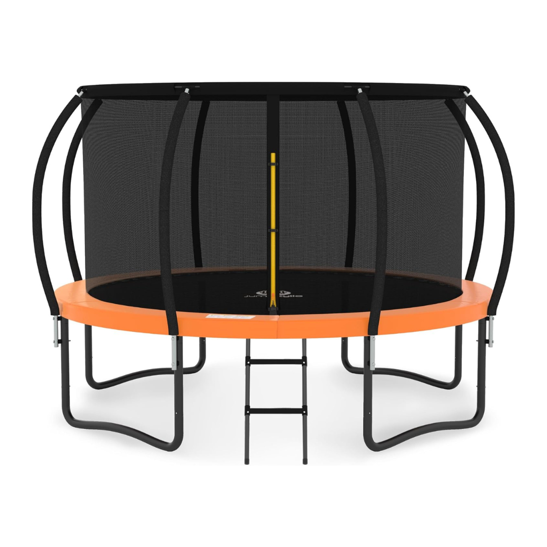 JUMPZYLLA Trampoline Outdoor 10FT with Enclosure and Ladder, ASTM Approved Recreational Trampoline for Kids and Adults, Anti-Rust Coated Frame, Orange