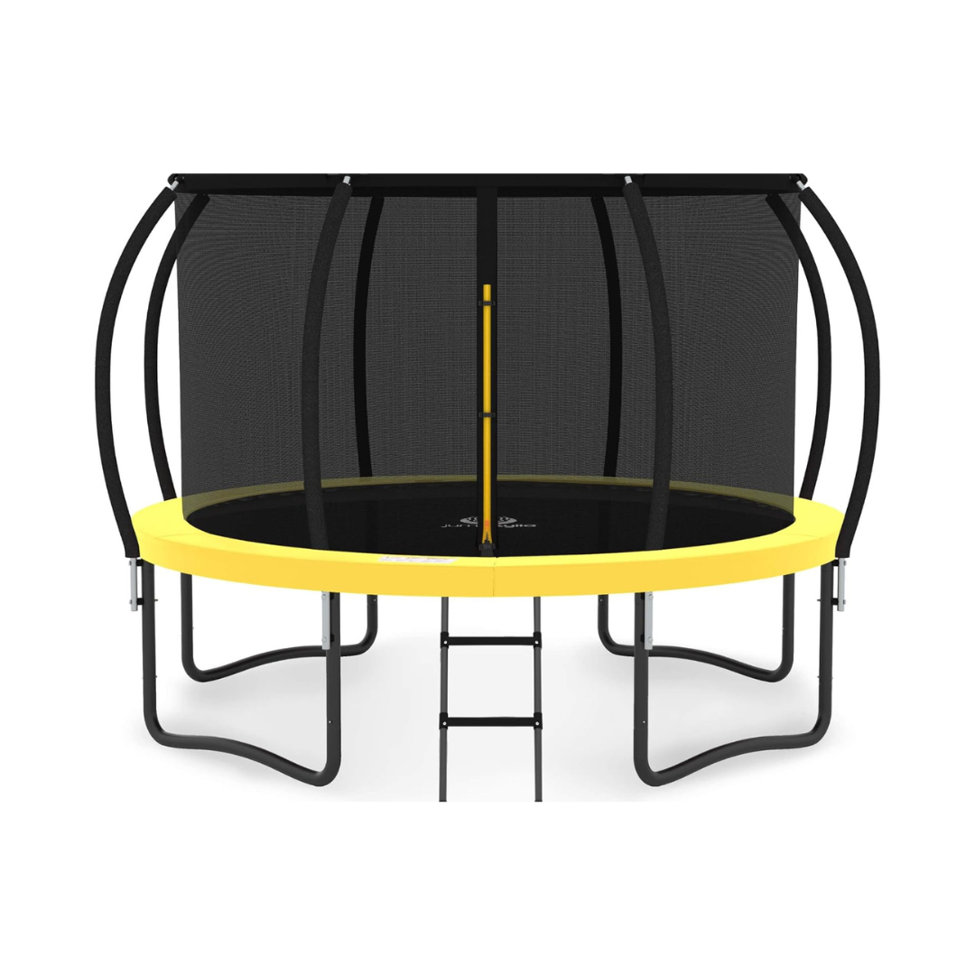 JUMPZYLLA Trampoline Outdoor 10FT with Enclosure and Ladder, ASTM Approved Recreational Trampoline for Kids and Adults, Anti-Rust Coated Frame, Yellow