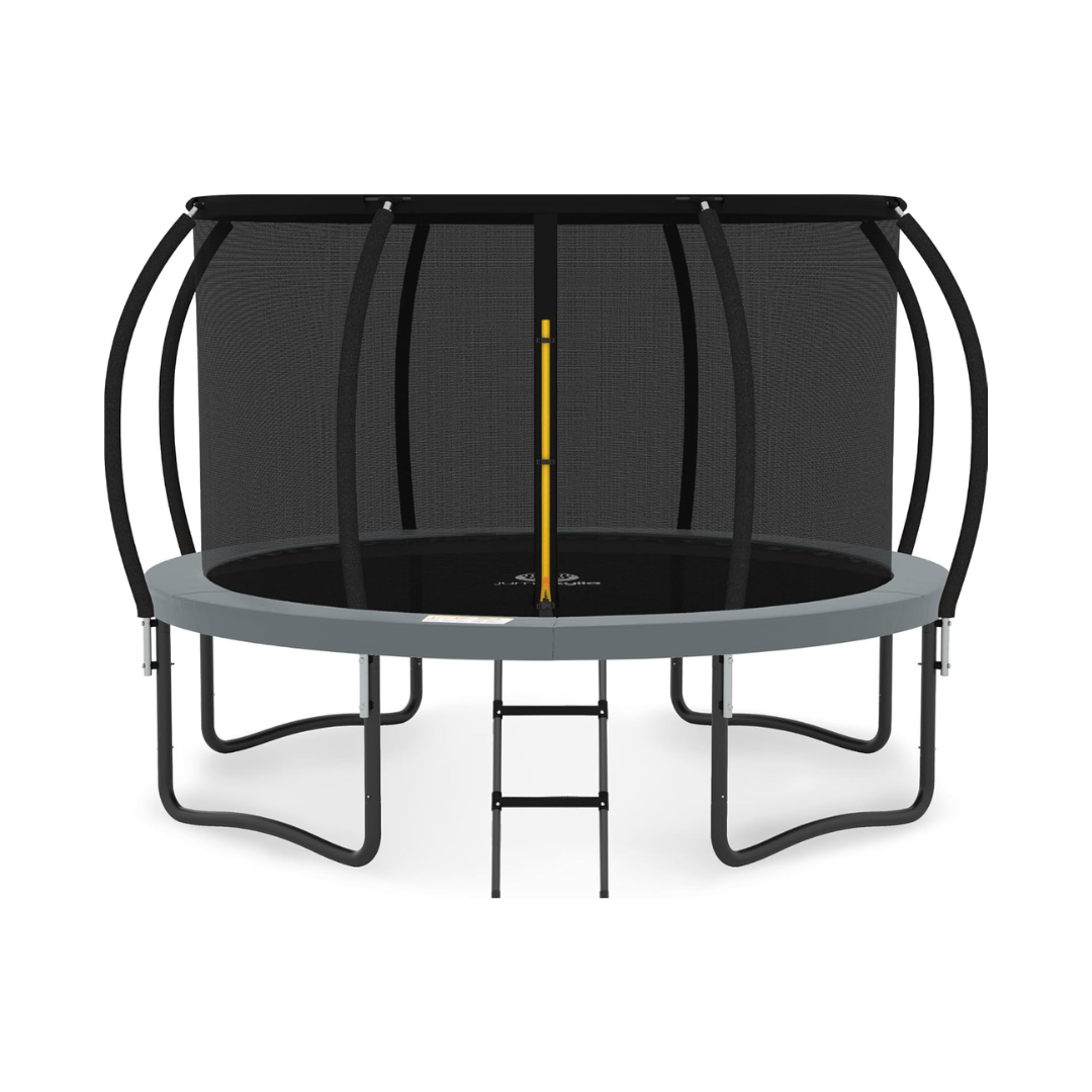 JUMPZYLLA Trampoline Outdoor 12FT with Enclosure and Ladder, ASTM Approved Recreational Trampoline for Kids and Adults, Anti-Rust Coated Frame, Gray