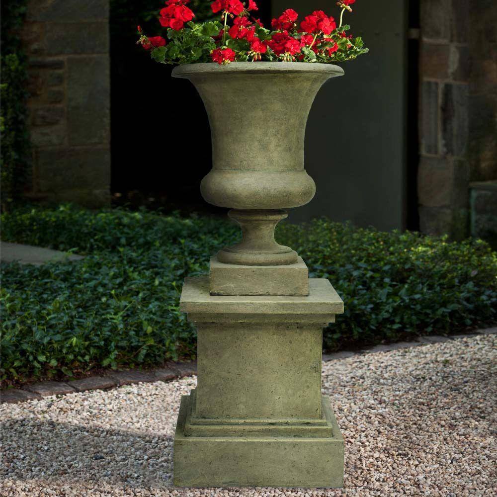 MPG 16-1/2 in. Square Cast Stone Fiberglass Pedestal Planter in Aged Granite Finish