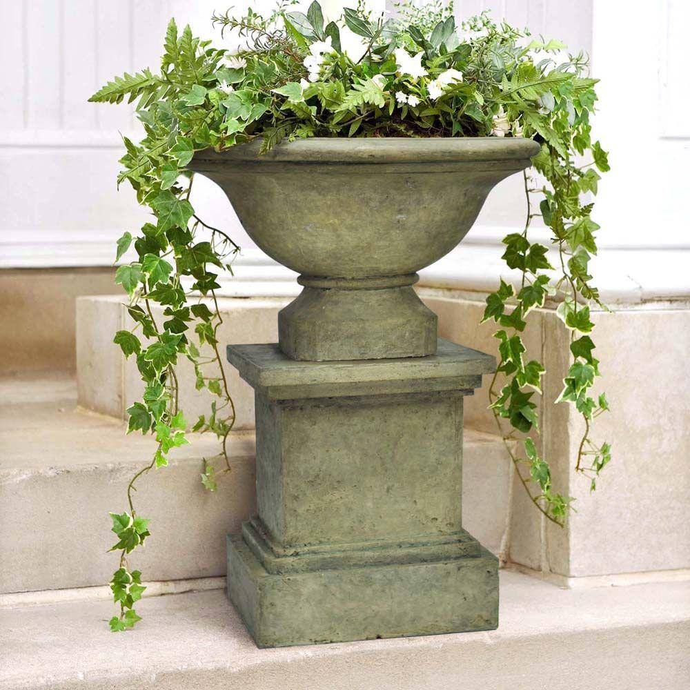 MPG 16-1/2 in. Square Cast Stone Fiberglass Pedestal Planter in Aged Granite Finish