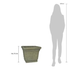MPG 18-1/2 in. Square Cast Stone Fiberglass Planter with Attached Saucer in Aged Granite Finish