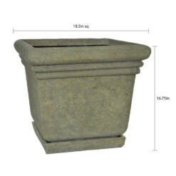 MPG 18-1/2 in. Square Cast Stone Fiberglass Planter with Attached Saucer in Aged Granite Finish