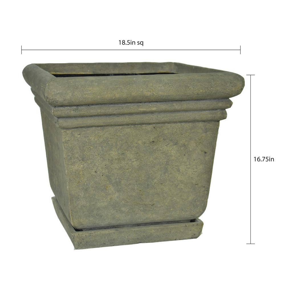 MPG 18-1/2 in. Square Cast Stone Fiberglass Planter with Attached Saucer in Aged Granite Finish