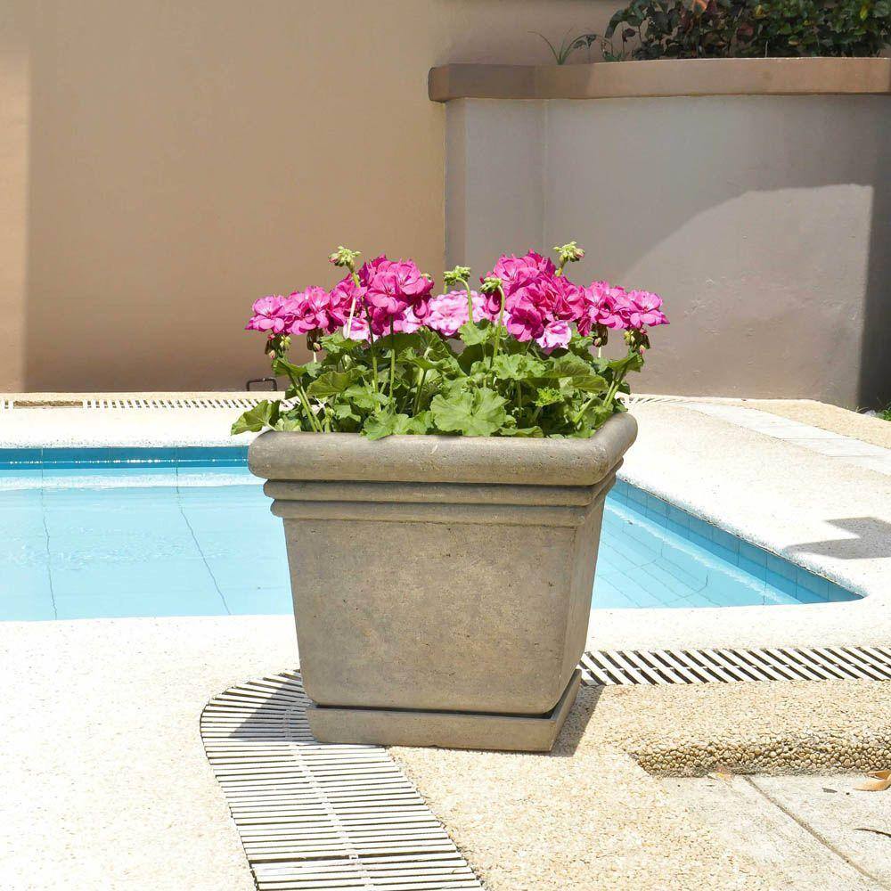 MPG 18-1/2 in. Square Cast Stone Fiberglass Planter with Attached Saucer in Aged Granite Finish