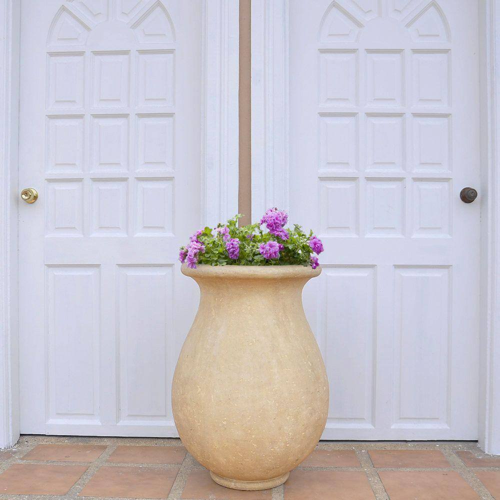 MPG 21-1/2 in. Round Cast Stone Fiberglass Byzantine Jar in Aged Limestone Finish
