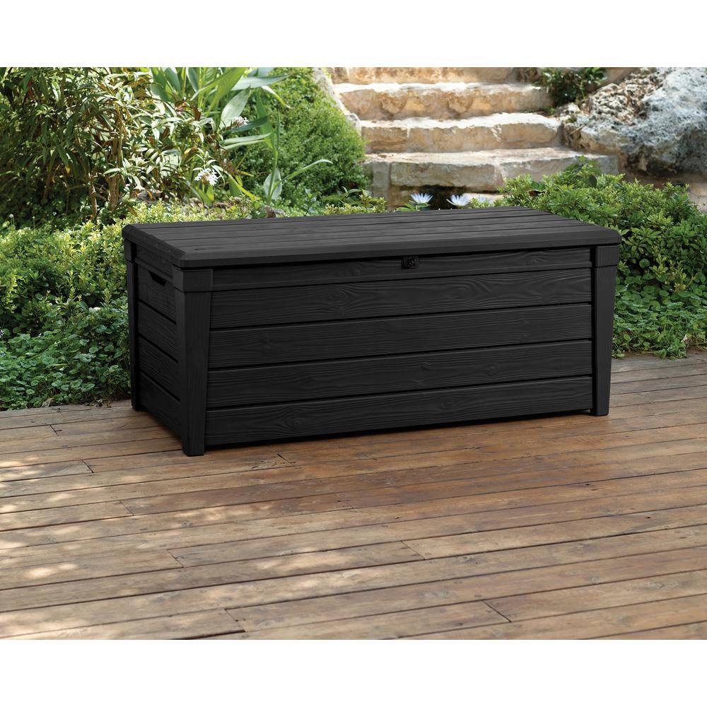 Keter Brightwood 120 Gal. Resin Large Deck Box for Outdoor Patio Garden Furniture, Cushion Storage, Pool Accessories, Grey