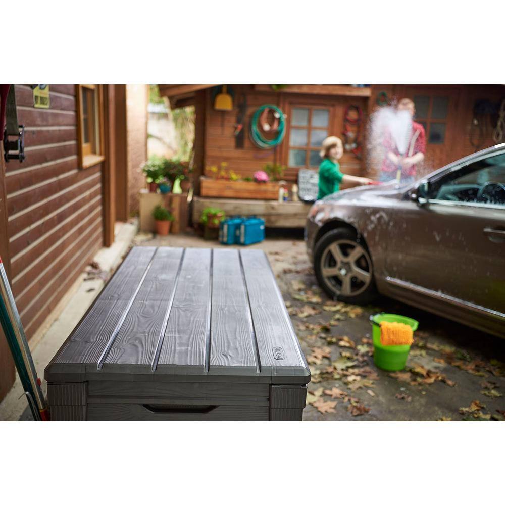 Keter Brightwood 120 Gal. Resin Large Deck Box for Outdoor Patio Garden Furniture, Cushion Storage, Pool Accessories, Grey