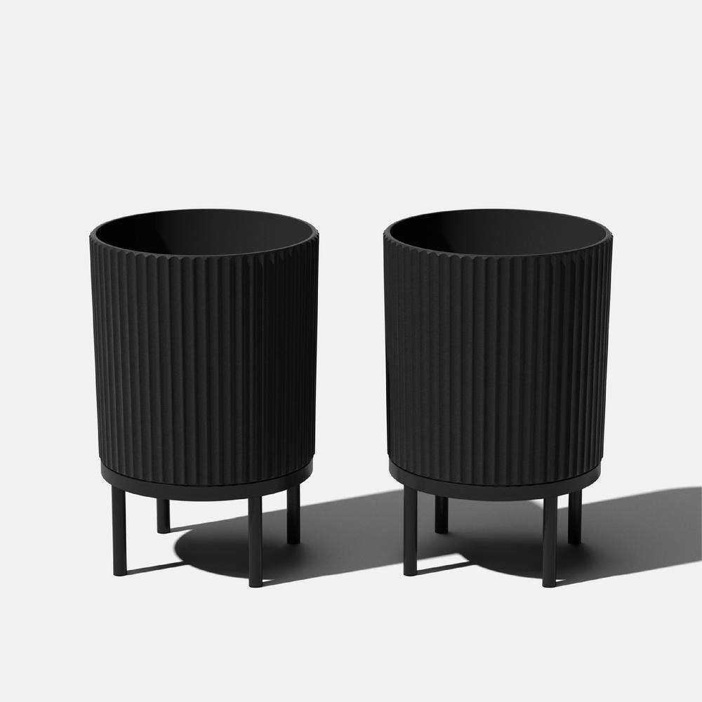 Veradek Demi 16 in. Raised with Stand Round Black Plastic Planter with Black Stand (2-Pack)