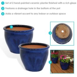 Sunnydaze Chalet Indoor/Outdoor Planter - 12 in. - Imperial Blue - Ceramic - Set of 2