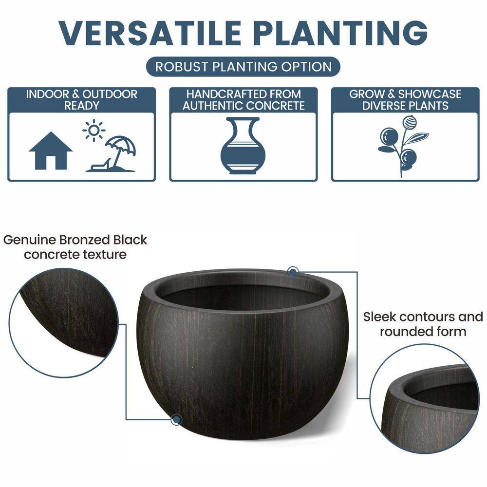 Morrava 19 in. Large Bronzed Black Concrete Round Planter / Pot with Drainage Holes