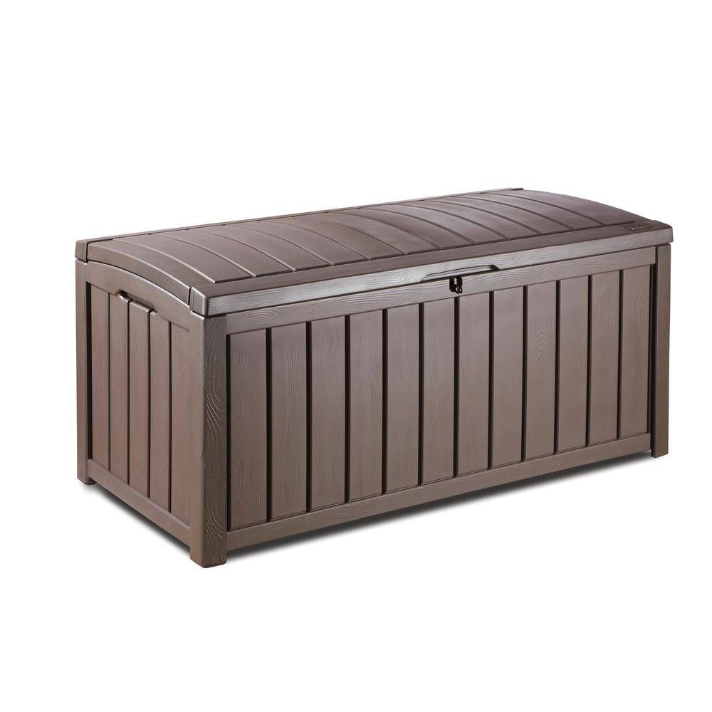 Keter Glenwood 101 Gal. Durable Resin Plastic Deck Box Outdoor Storage For Patio Lawn and Garden, Brown