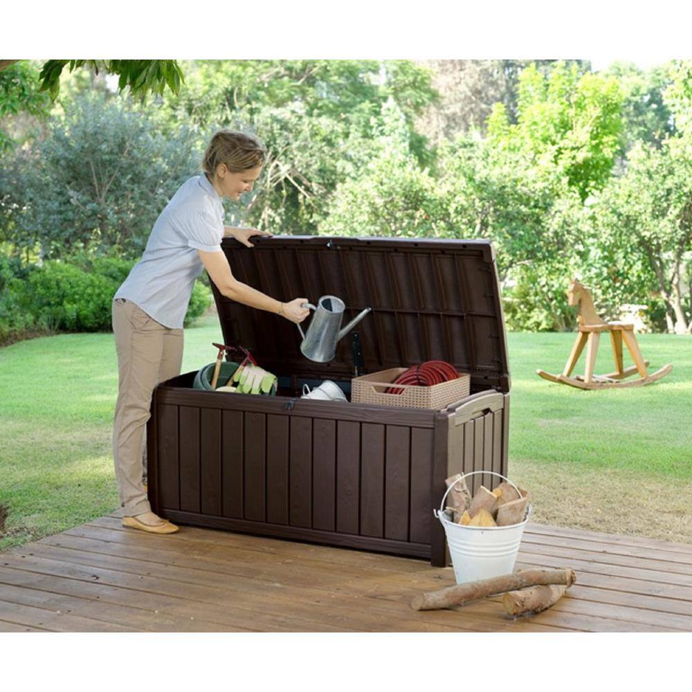 Keter Glenwood 101 Gal. Durable Resin Plastic Deck Box Outdoor Storage For Patio Lawn and Garden, Brown