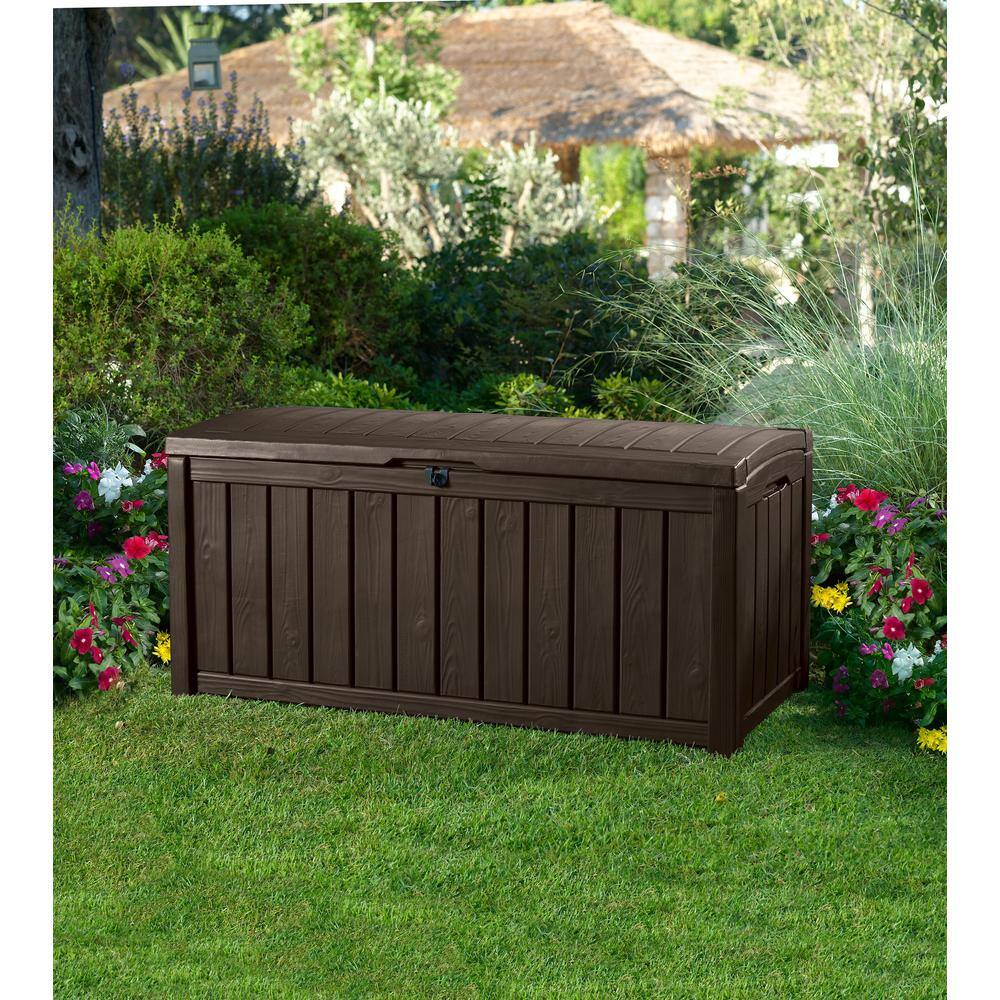 Keter Glenwood 101 Gal. Durable Resin Plastic Deck Box Outdoor Storage For Patio Lawn and Garden, Brown