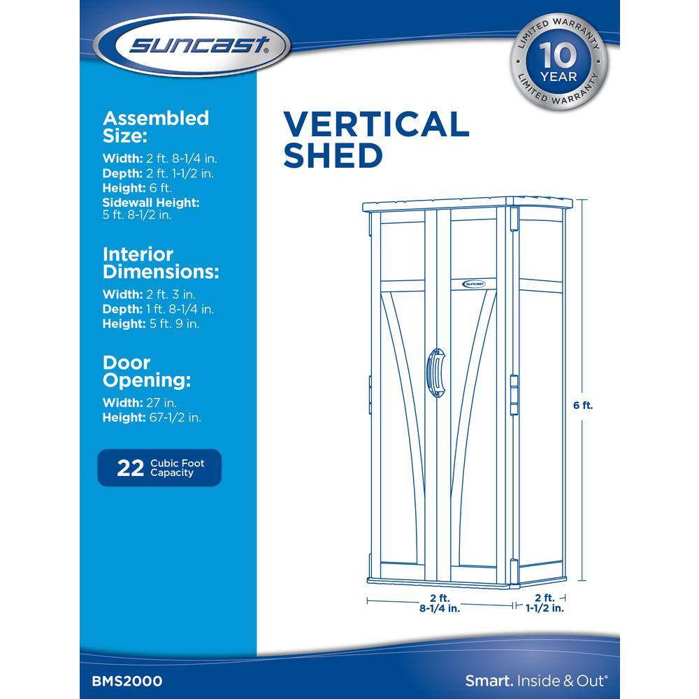 Suncast 2 ft. 8.25 in. X 2 ft. 1.5 in X 6 ft. Resin Vertical Storage Shed
