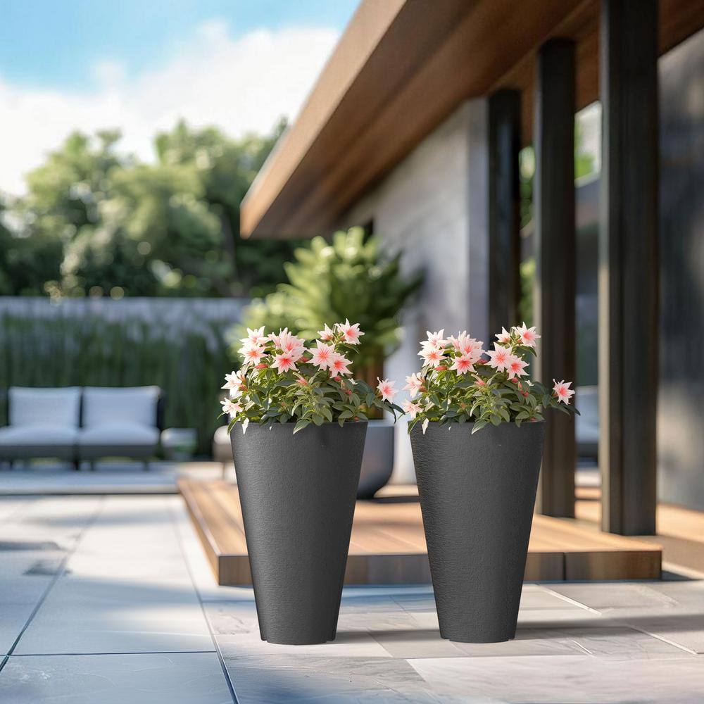 Sapcrete Large and Tall 29 in. H Round Charcoal Black Plastic Planter Pots for Indoor/Outdoor Plants Set of 2